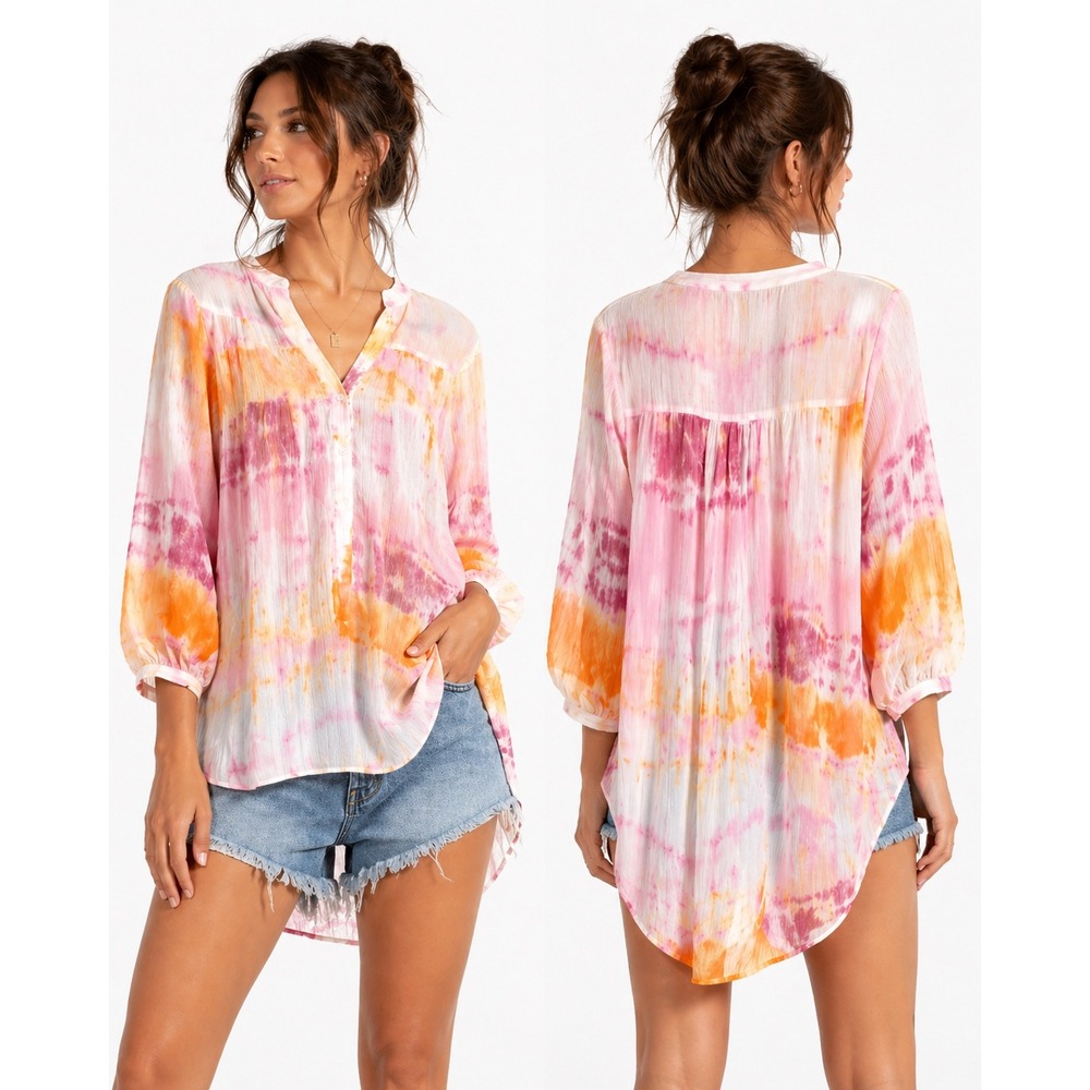 Badgley Mischka Tie Dye Blouse Women Size M Pink Orange Gold Metallic Tunic Boho